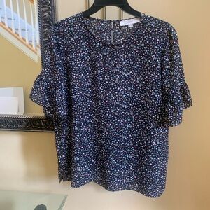 LOFT womens M Black multi floral ss blouse top